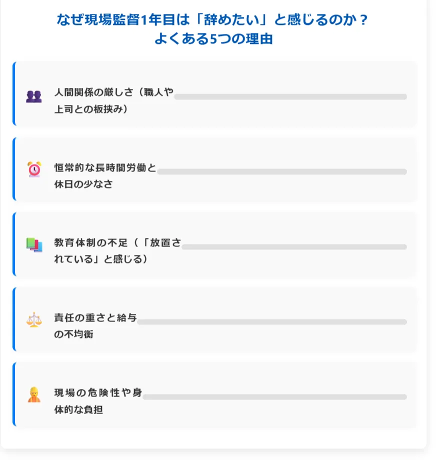 なぜ現場監督1年目は「辞めたい」と感じるのか？よくある5つの理由